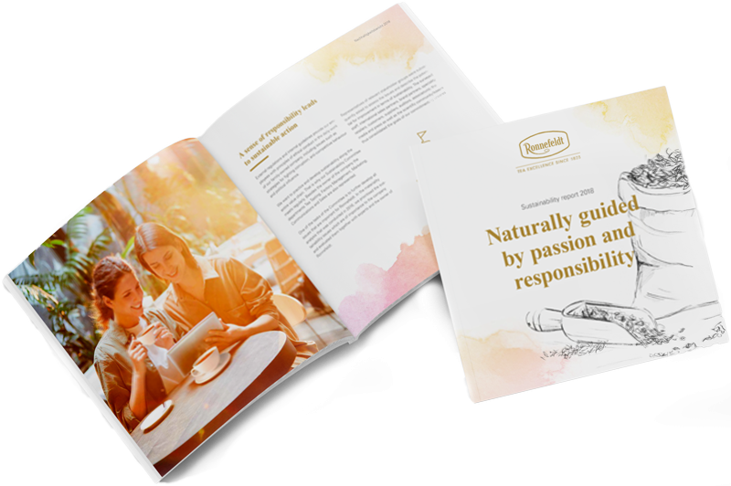Ronnefeldt sustainability report with two women enjoying tea while reading.