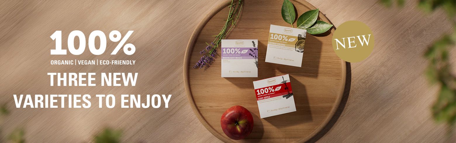 Banner featuring three new tea varieties on a wooden tray, with the text ‘100% 3 new varieties to enjoy’ and a ‘New’ label