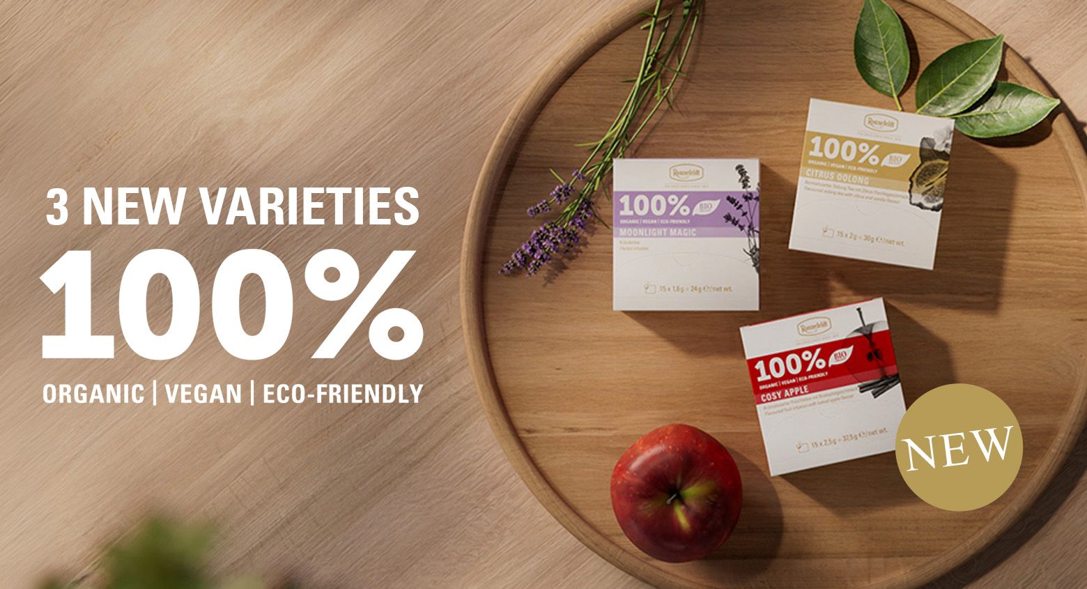 Banner featuring three new tea varieties on a wooden tray, with the text ‘100% 3 new varieties’ and a ‘New’ label