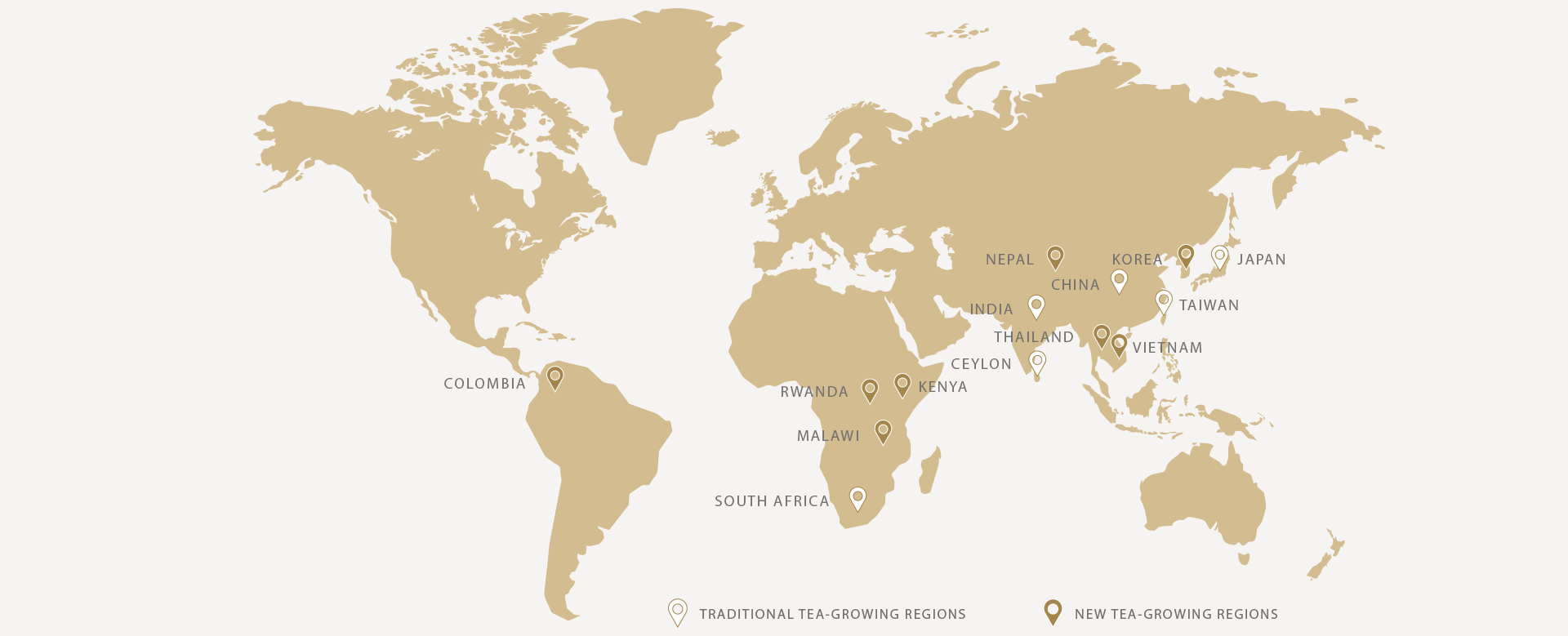 World map highlighting traditional and new tea-growing regions including India, China, Japan, Nepal, Kenya, Rwanda, Colombia, and others.