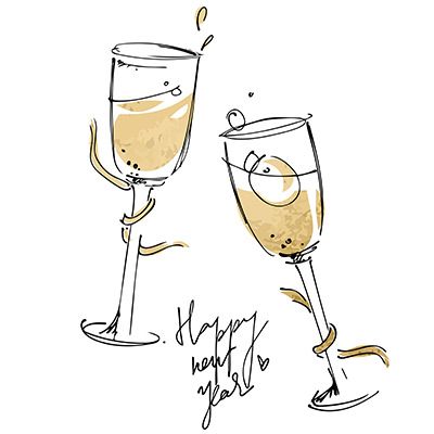 Zeichnung zweier anstoßender Sektgläser mit der handschriftlichen Aufschrift 'Happy new year'