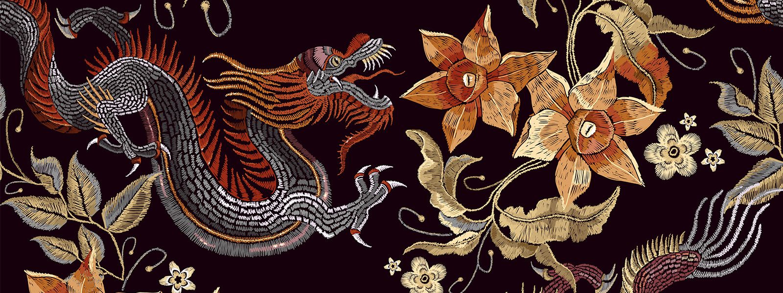 Blumenmuster und chinesische Drachen auf schwarzem Hintergrund
