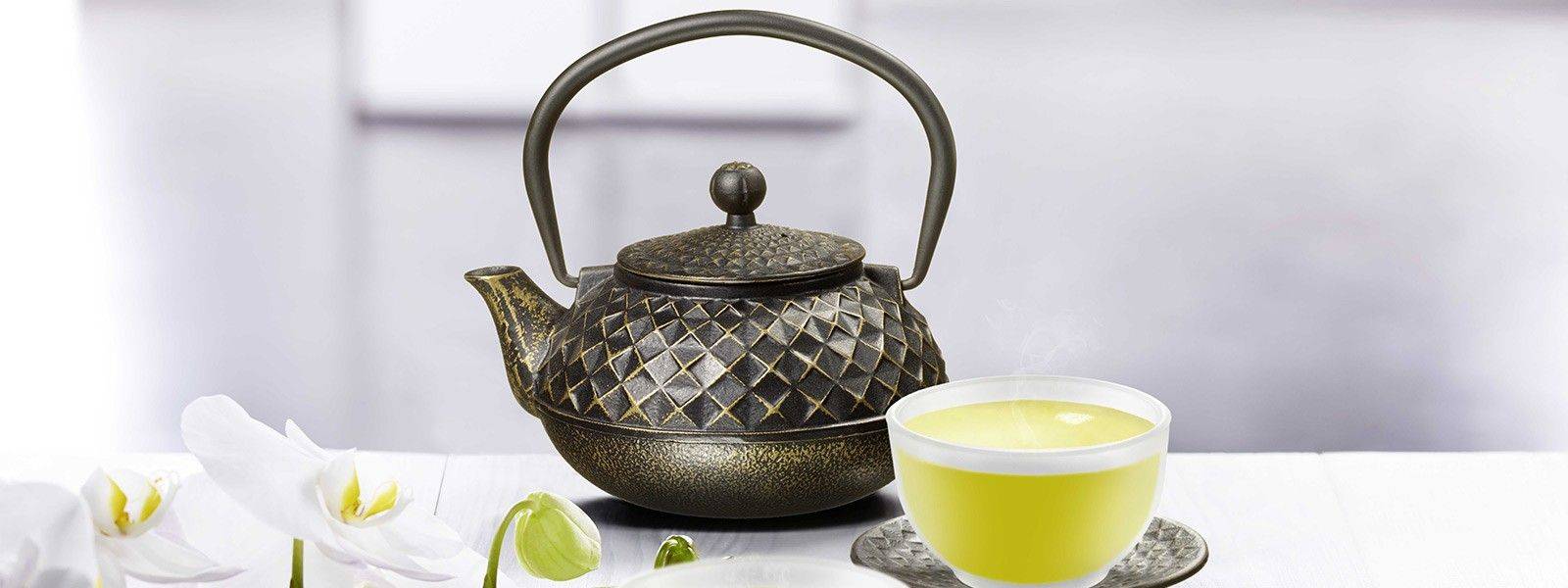 Gusseiserne Teekanne in asiatischer Optik mit dazugehörigem Teebecher