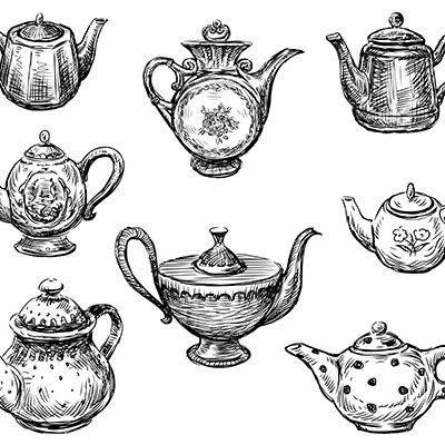 Zeichnungen mehrerer Teekannen