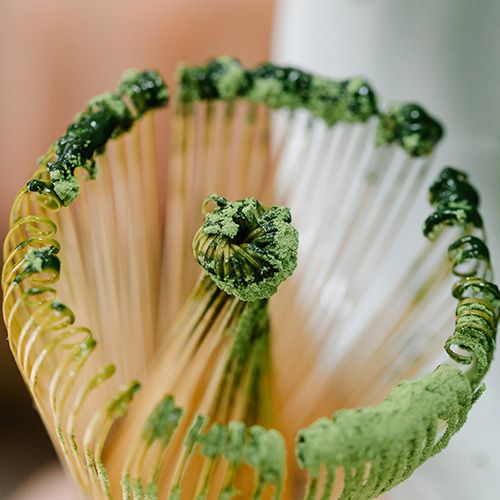 Nahaufnahme eines Bambus-Matcha-Besens mit grünem Matcha-Pulver auf den feinen Borsten.