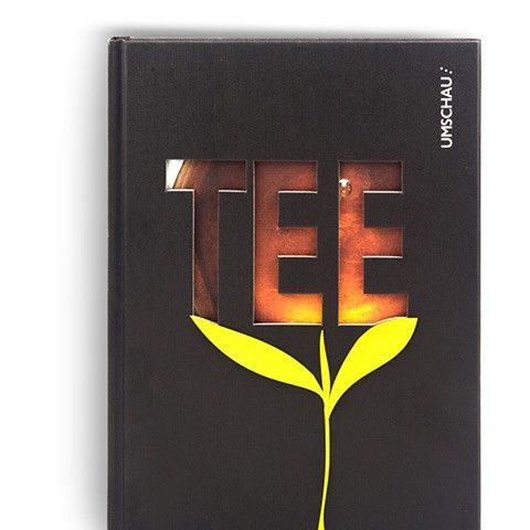 Schwarzes Buch mit dem Titel 'TEE' und ausgestanzten Buchstaben, die ein Teemotiv zeigen.